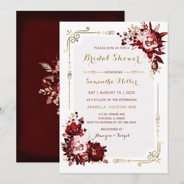 Editable Burgundy and Gold Bridal Shower Invitation (Front/Back)