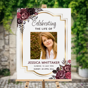 Editable Burgundy Floral Funeral Welcome Sign