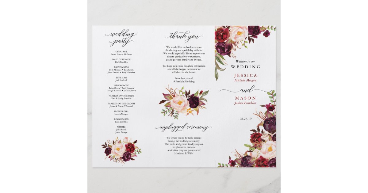 Editable Burgundy Marsala Tri Fold Wedding Program Zazzle Com