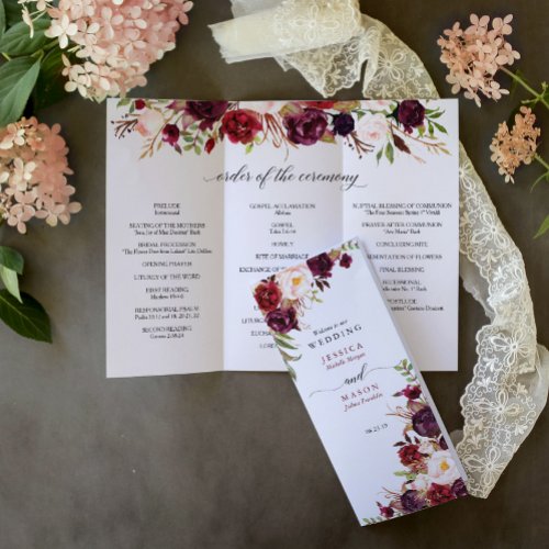 Editable Burgundy Marsala Tri_Fold Wedding Program Flyer