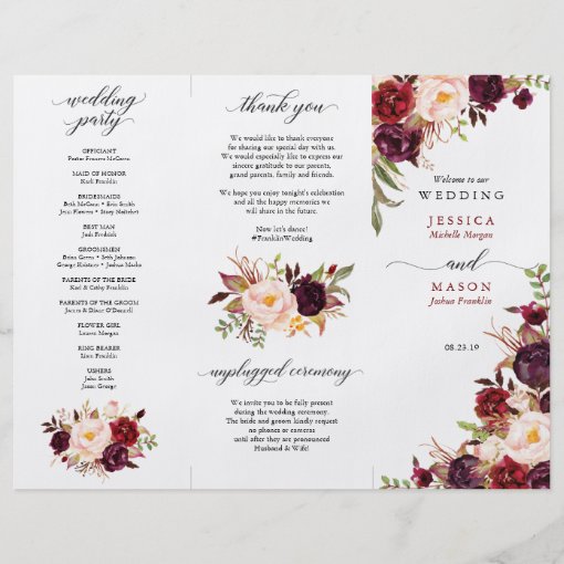 Editable Burgundy Marsala Tri-Fold Wedding Program Flyer | Zazzle