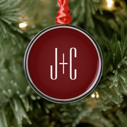 Editable Burgundy Red Background  White Text  Metal Ornament