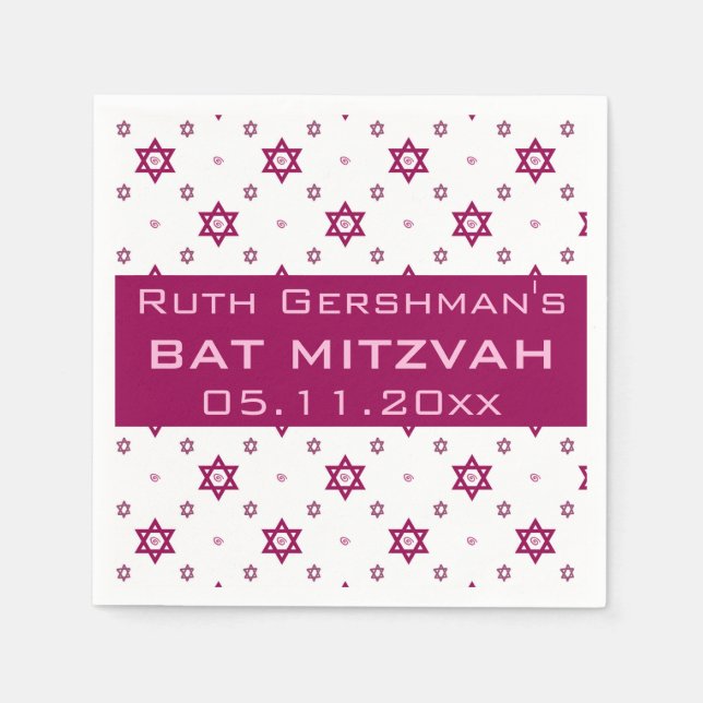 Editable Burgundy Star of David Bat Mitzvah Napkins (Front)
