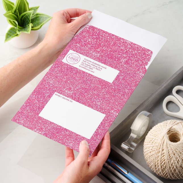 Editable Business Logo Faux Hot Pink Glitter Envelope Mailers (Desk)