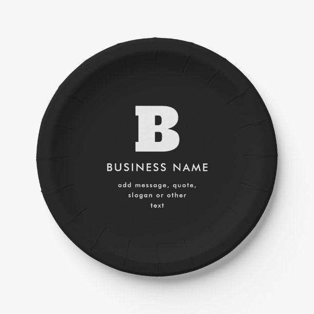 Editable Business Name & Slogan | Black & White Paper Plates (Front)