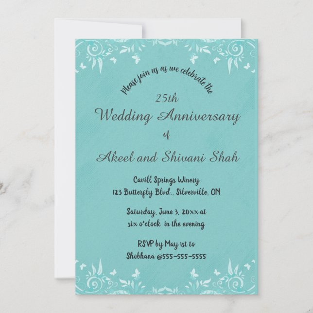 Editable Butterflies and Swirls on Turquoise Blue Invitation (Front)