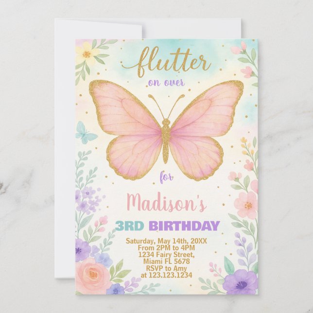 Editable Butterfly Birthday Invitation (Front)