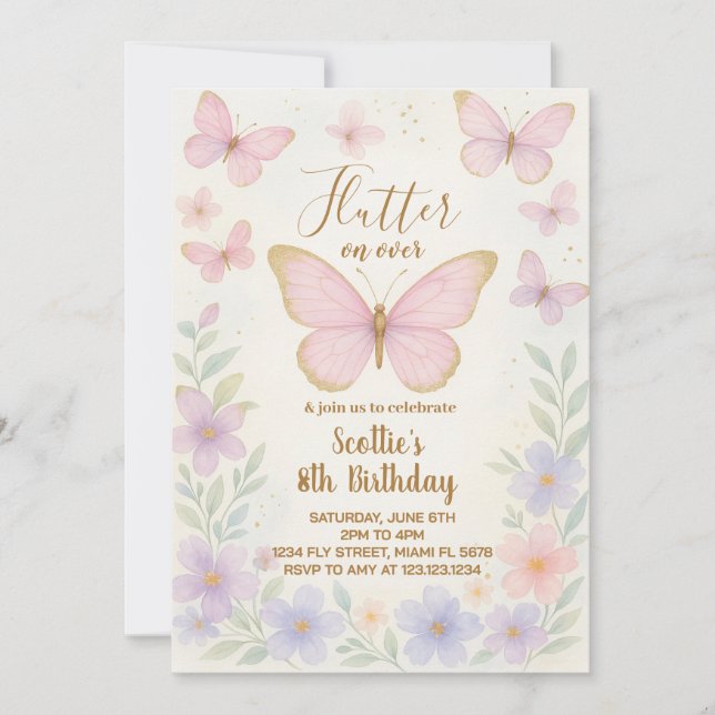 Editable Butterfly Birthday Party Invitation (Front)