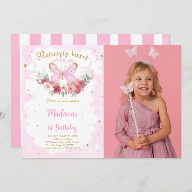Editable Butterfly Birthday Photo Invitation (Front/Back)