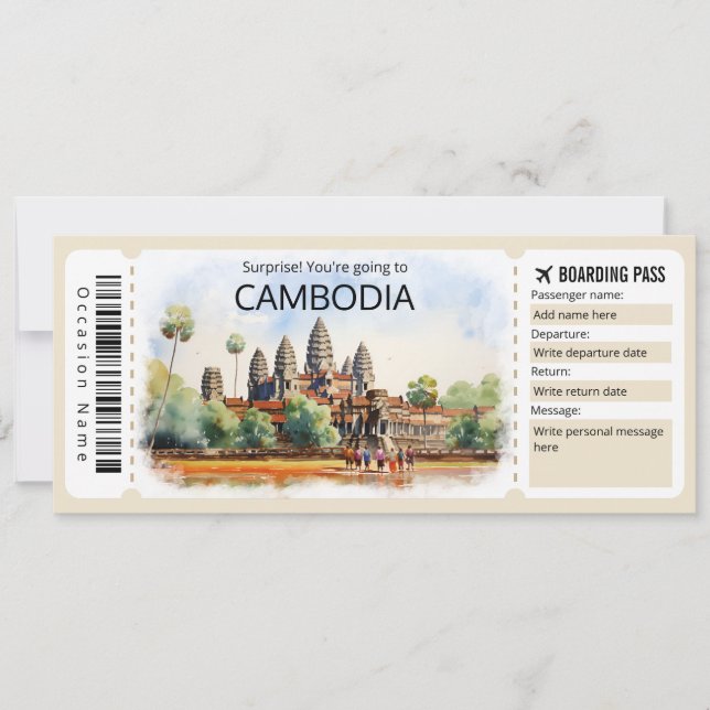Editable Cambodia Plane ticket, Cambodia Trip Invitation (Front)