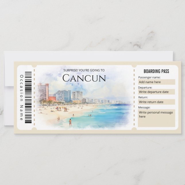 Editable Cancun Plane Boarding Pass Ticket Invitation (Front)