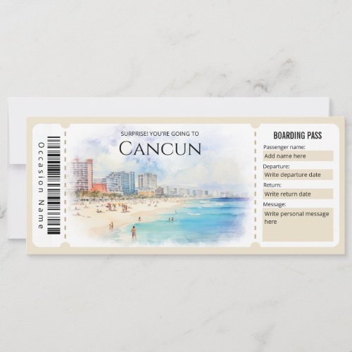 Editable Cancun Plane Boarding Pass Ticket Invitation