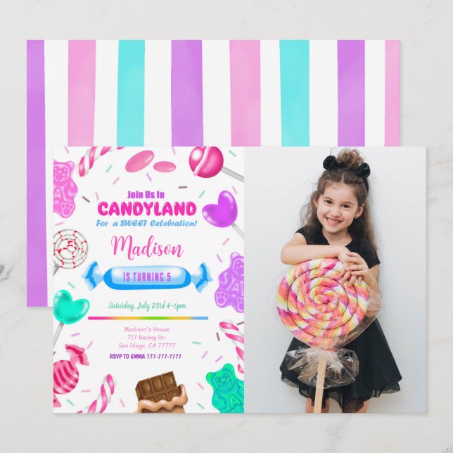 Editable Candy land Birthday Photo Invitation (Front/Back)