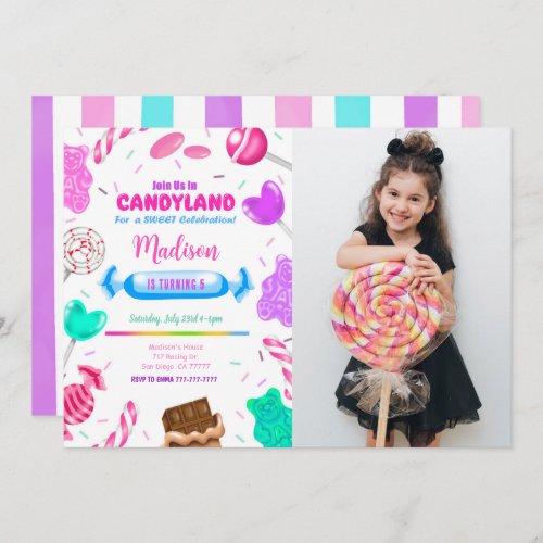 Editable Candy land Birthday Photo Invitation