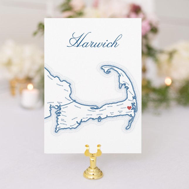Editable Cape Cod Wedding Table Town Cards Harwich (Harwich Cape Cod Wedding Table Town Name Cards with elegant navy blue map for Wequassett Resort)