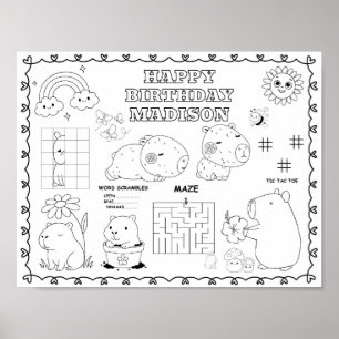 Editable capybara birthday coloring mat poster