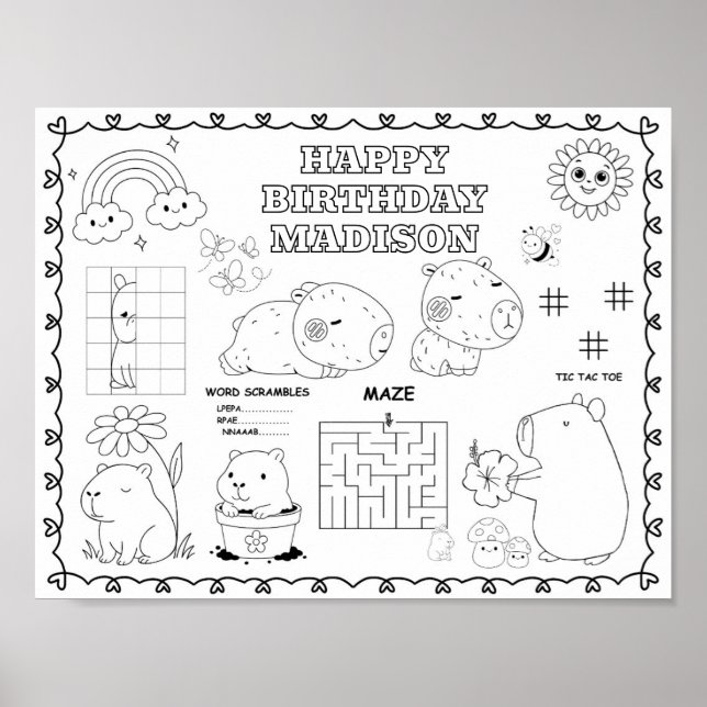 Editable capybara birthday coloring mat  poster (Front)