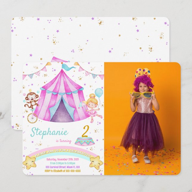 Editable Carnival Birthday Photo Invitations (Front/Back)