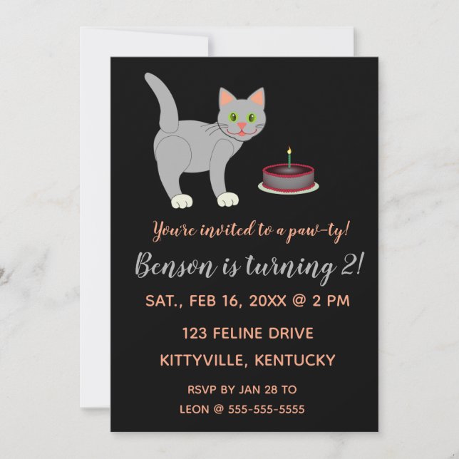 Editable Cat and Cake Kitty Birthday Invitation (Front)
