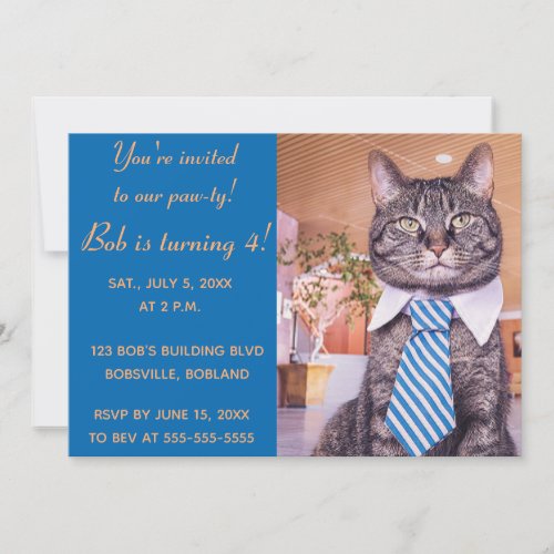 Editable Cat in a Tie Pet Birthday Invitation