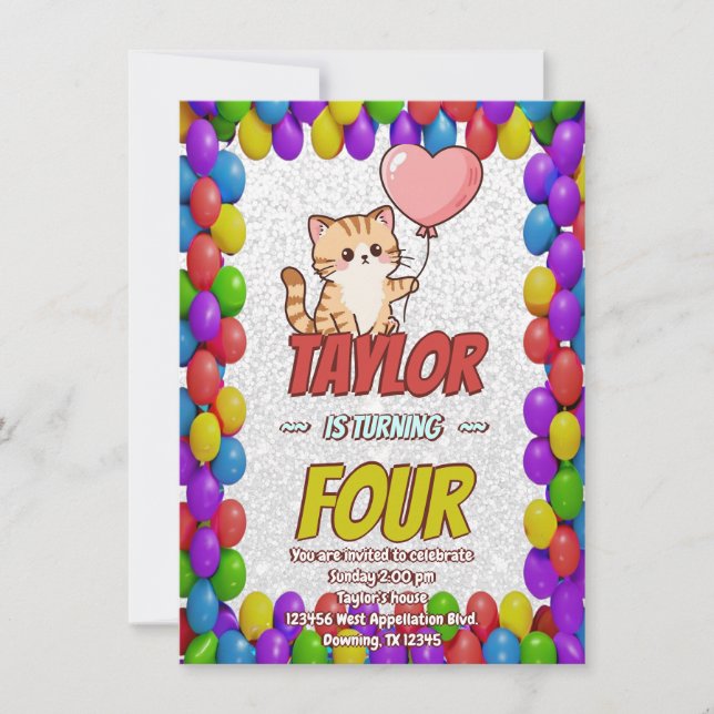 Editable Cat-Themed Birthday Invitation Balloons (Front)