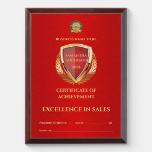 Editable certificate red gold business excellence award plaque