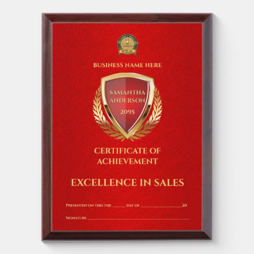 Editable certificate red gold business excellence award plaque