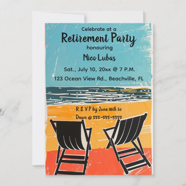 Editable Chairs at a Beach Retirement Party Invitation (Front)