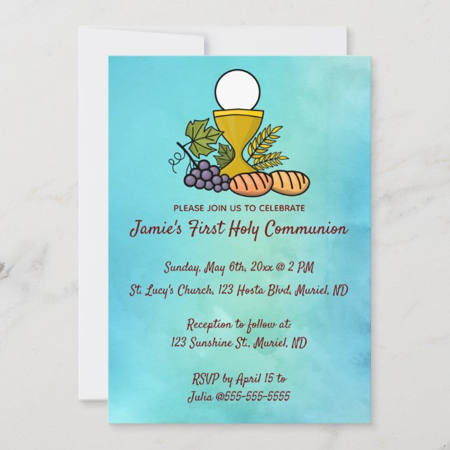 Editable Chalice and Grapes First Communion Invitation (Front)