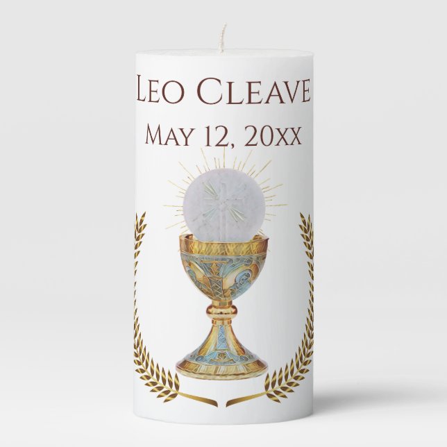 Editable Chalice Eucharist Wreath First Communion Pillar Candle (Front)