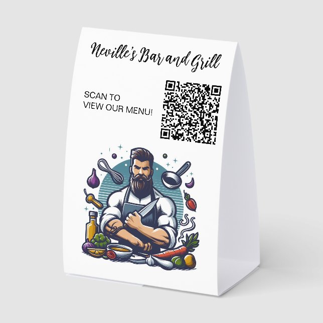 Editable Chef in the Kitchen QR Code Menu Paper Table Tent (Front)