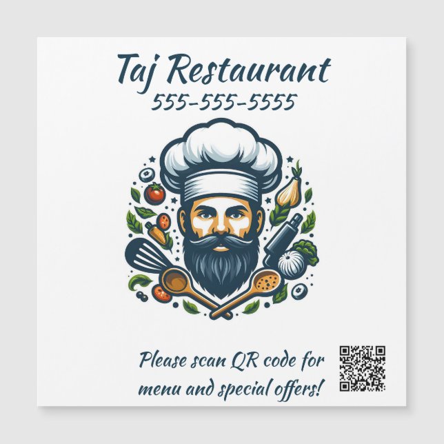 Editable Chef Restaurant QR Code Magnet (Front)