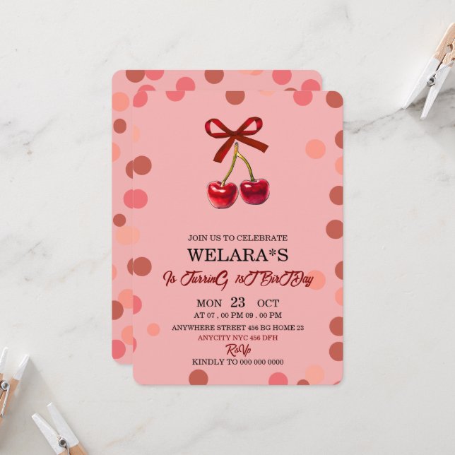 Editable Cherry 1st Birthday Birthday Invitation T (Front/Back In Situ)
