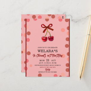 Editable Cherry 1st Birthday Birthday Invitation T Postcard