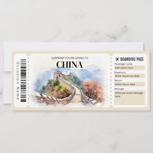 Editable China Boarding Pass Plane ticket Invitation