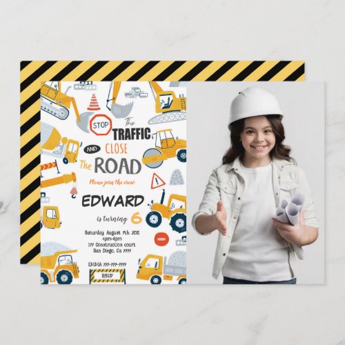 Editable Close the Road Construction photo Invitation