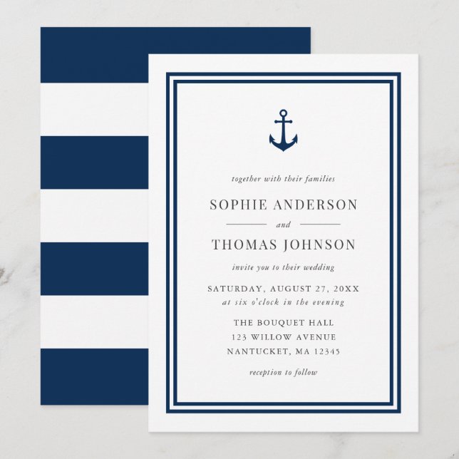 Editable Color Anchor and White Stripes Wedding Invitation (Front/Back)