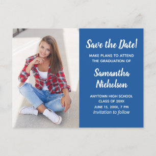 Editable Color Blue Graduation Photo Save Date Announcement Postcard