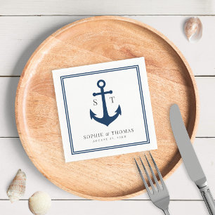 Editable Color Border Monogram Anchor Wedding Napkins