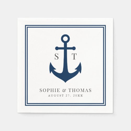 Editable Color Border Monogram Anchor Wedding Napkins