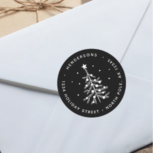 Editable Color Christmas Tree Return Address Black Classic Round Sticker