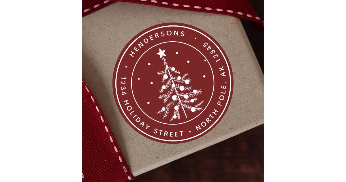 Editable Color Christmas Tree Return Address Red Classic Round Sticker ...