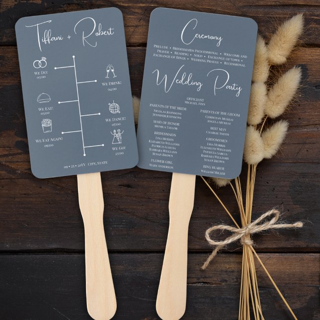Editable Color Dusty Blue Wedding Timeline Hand Fan (Creator Uploaded)