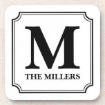 Editable Color Family Name / Bar / Diner Monogram Beverage Coaster<br><div class="desc">Modern Classic Monogram coaster featuring a classic border in black and an editable background color (Click "Customize it" to change it) which you can change to whatever you like or leave it as classic white. This personalized monogrammed coaster looks great for your home, diner or pub. Personalize it by replacing...</div>