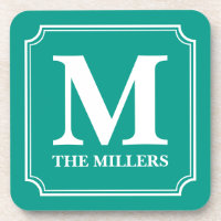 Editable Color Family Name Bar Pub Diner Monogram Drink Coaster