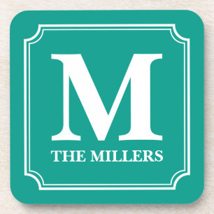 Editable Color Family Name Bar Pub Diner Monogram Drink Coaster
