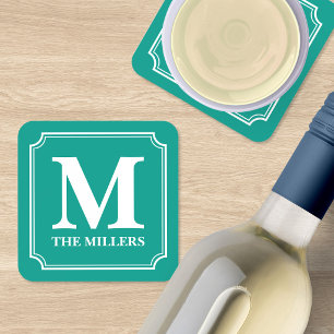Editable Color Family Name Bar Pub Diner Monogram Drink Coaster