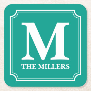 Editable Color Family Name Bar Pub Diner Monogram Square Paper Coaster