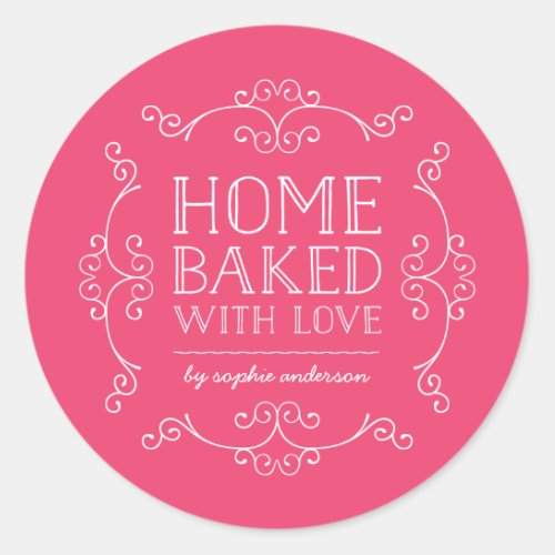 Editable Color Flourishes Home Baked With Love Classic Round Sticker