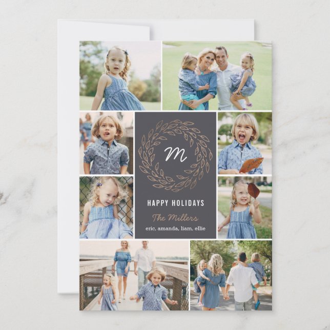 Editable Color Holiday Wreath Collage Photo Card (Front)